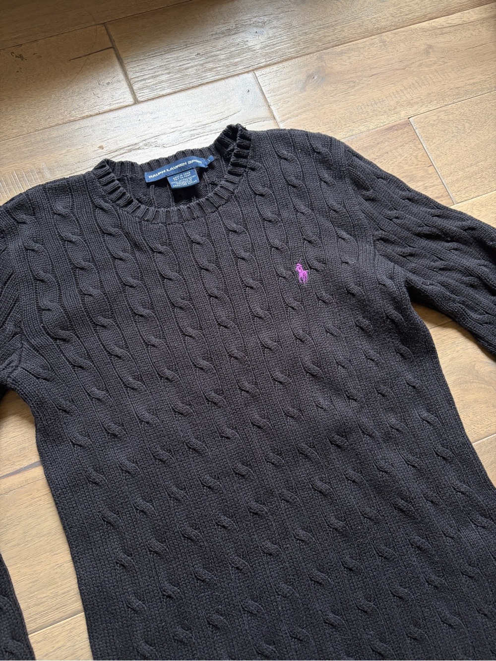 Ralph Lauren black cable-knit crewneck sweater cotton, Large - Picture 4 of 8